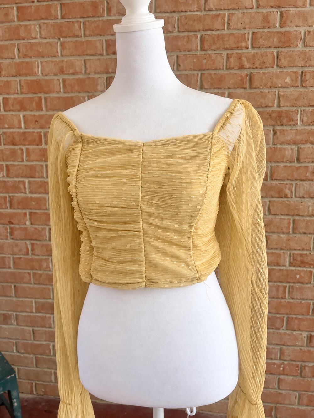 Lala Factory Camel Gold Ruched Swiss Dot Mesh Corset Style Crop Top M